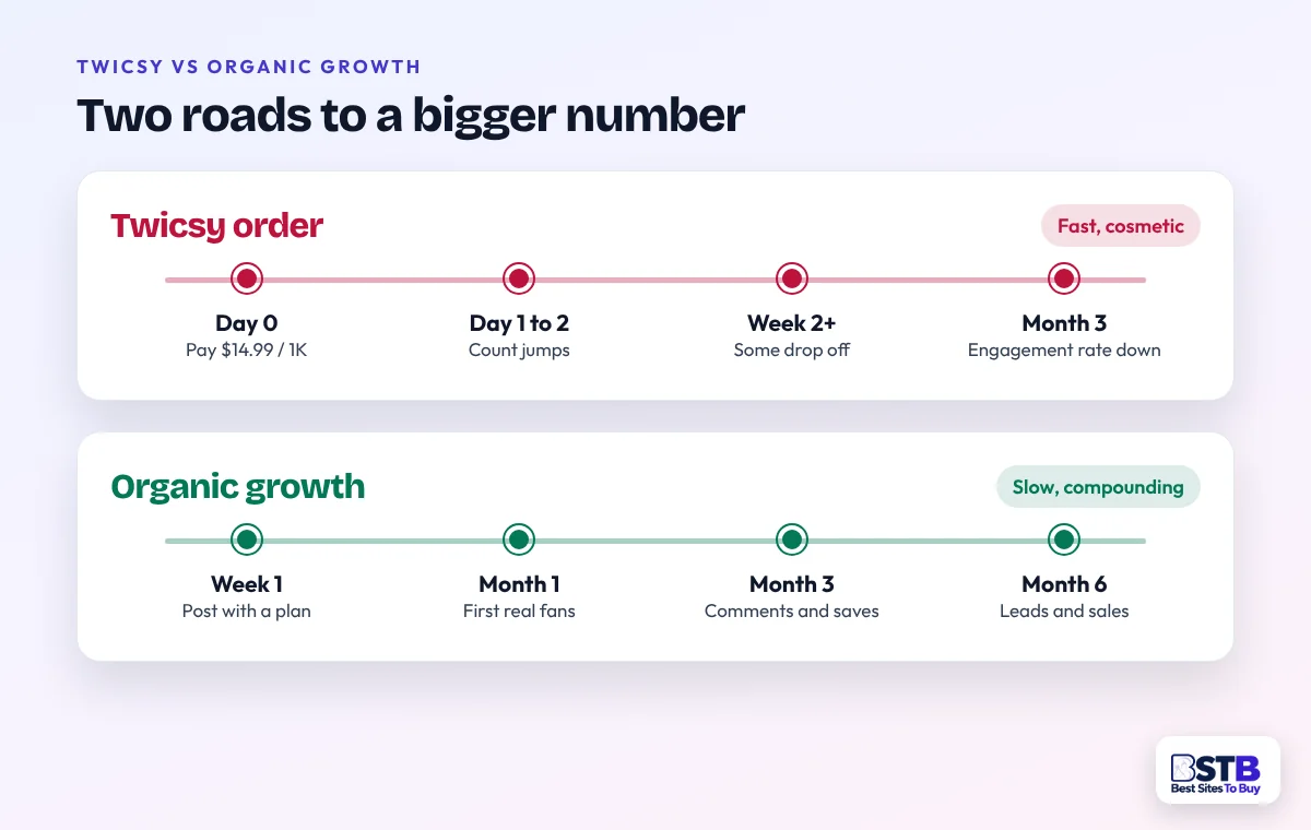 Twicsy vs Organic Growth Timeline comparing a Twicsy order, fast but cosmetic, with organic growth, slow but compounding into leads and sales