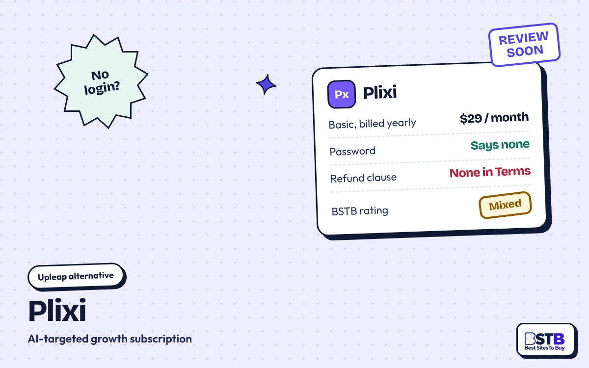 Upleap alternative Plixi: $29 a month billed yearly, says no password, no refund clause in its Terms, rated Mixed