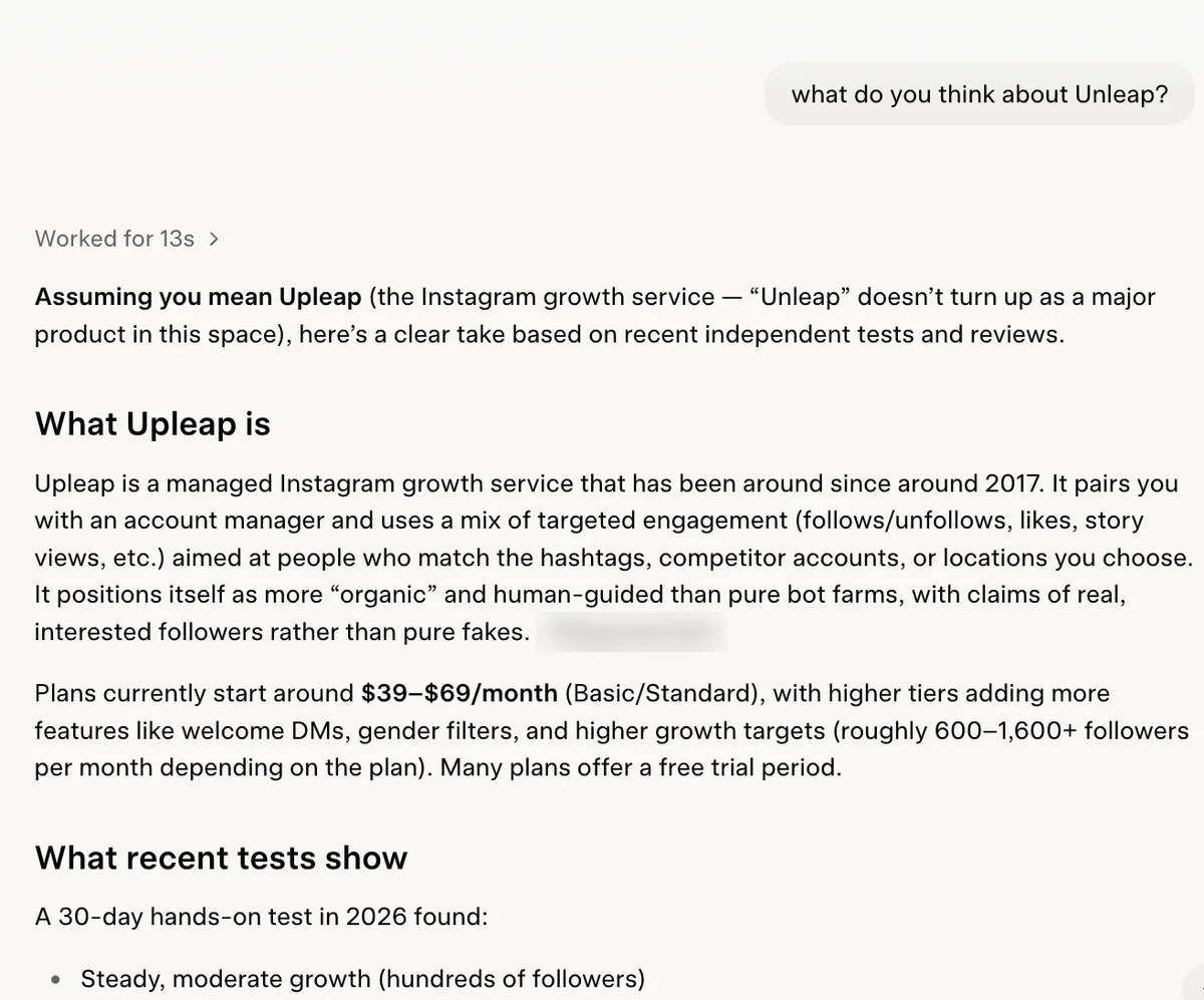 Grok answer assuming Unleap means Upleap, describing a managed Instagram growth service from $39 a month