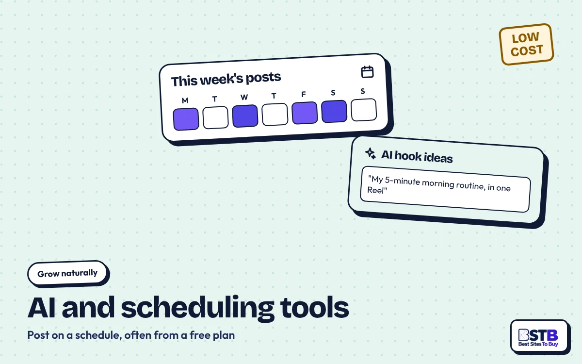 Grow without Upleap: a weekly posting plan and an AI hook ideas card, stamped Low cost