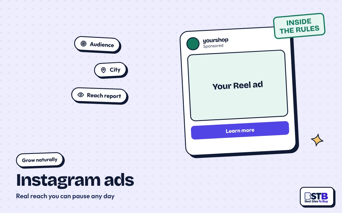 Grow without Upleap: a sponsored Instagram Reel ad with audience, city and reach chips, stamped Inside the rules