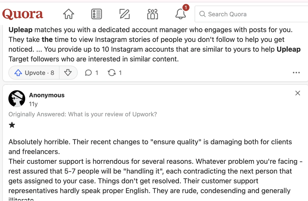 Quora snippet on Upleap account managers, followed by an anonymous one-star answer about Upwork