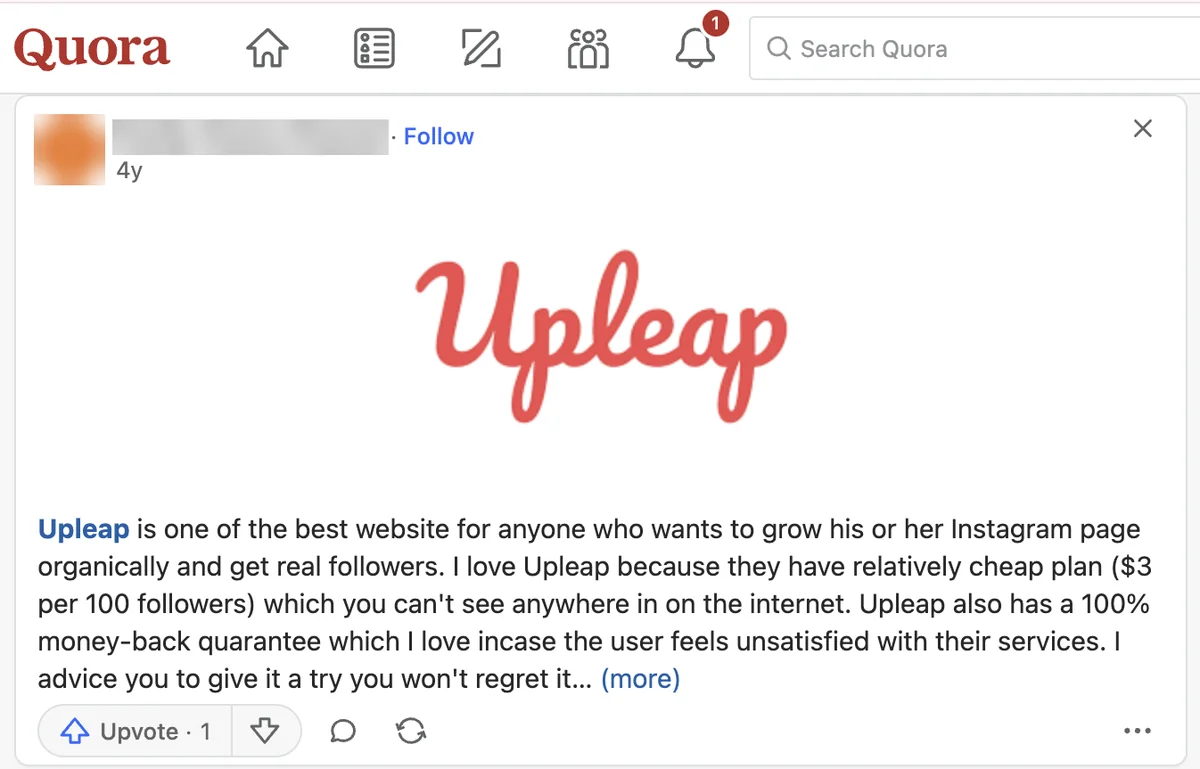 Quora answer praising Upleap for real followers, a $3 per 100 plan and a money-back guarantee
