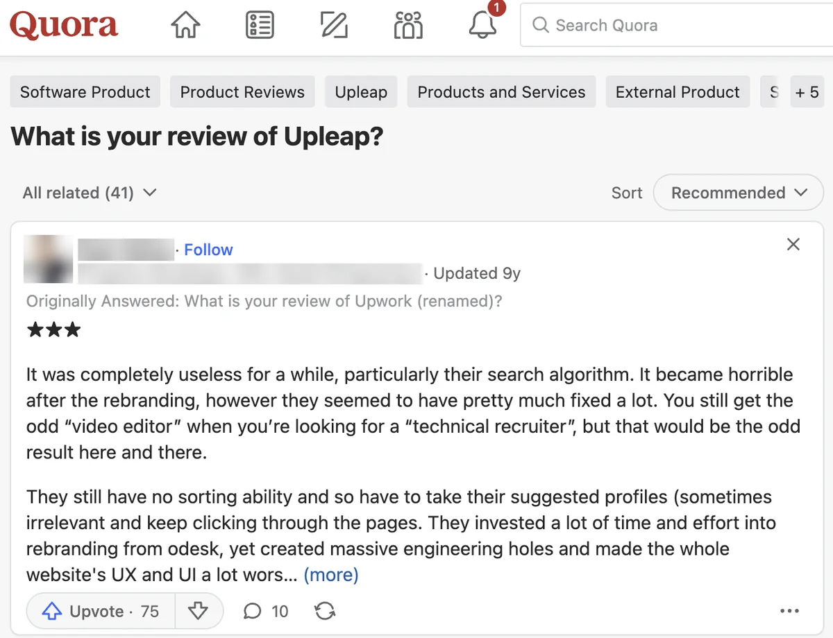 Quora question about Upleap whose top answer actually reviews Upwork, the freelance marketplace