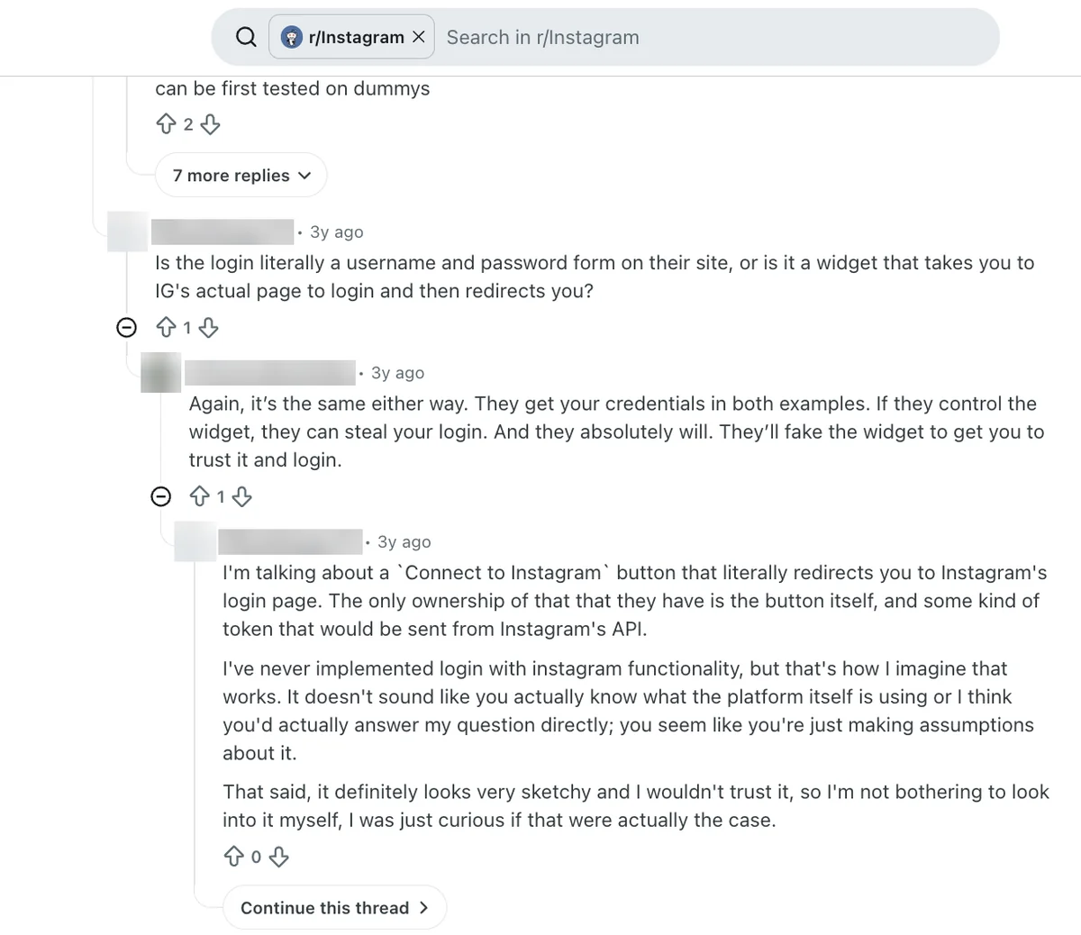 Reddit reply asking whether Upleap uses a Connect to Instagram button, calling the service very sketchy