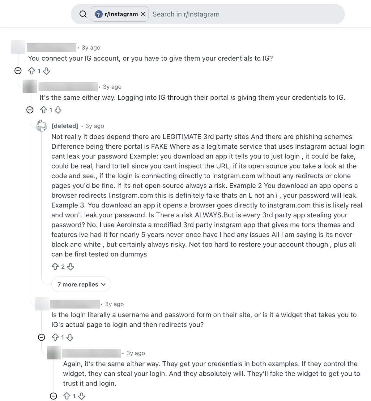 Reddit replies debating whether connecting Instagram to Upleap means handing over your credentials