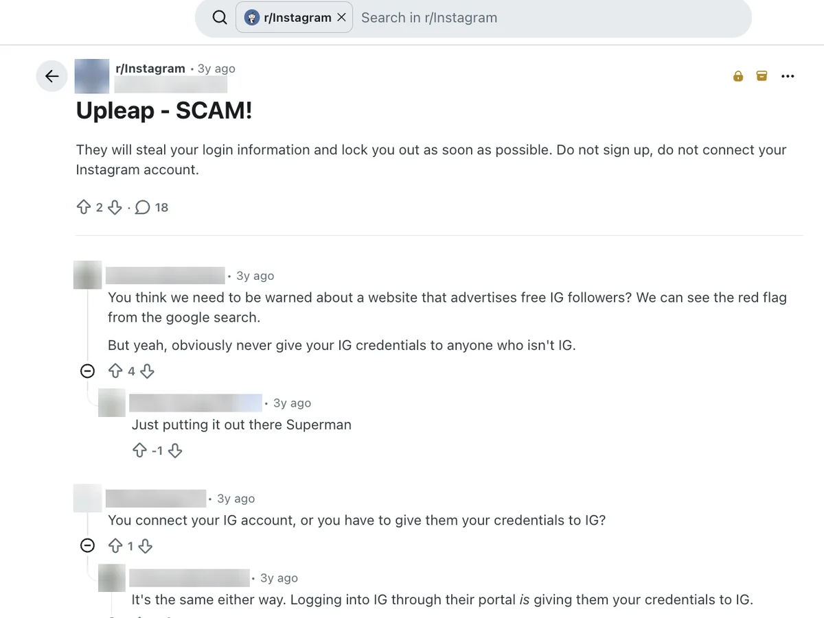 Reddit r/Instagram post titled Upleap SCAM warning that it will steal your login and lock you out