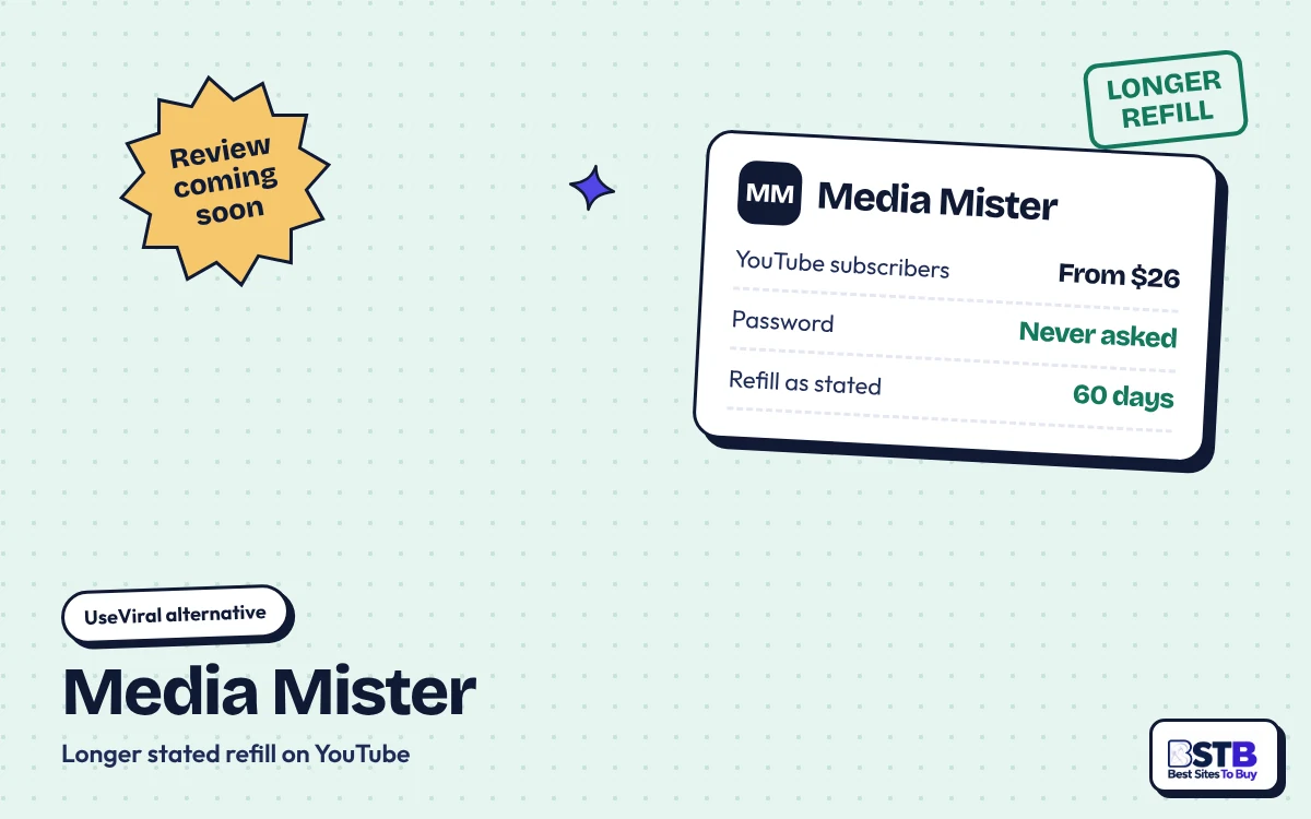 UseViral alternative Media Mister: YouTube subscribers from $26, no password, 60-day refill as stated