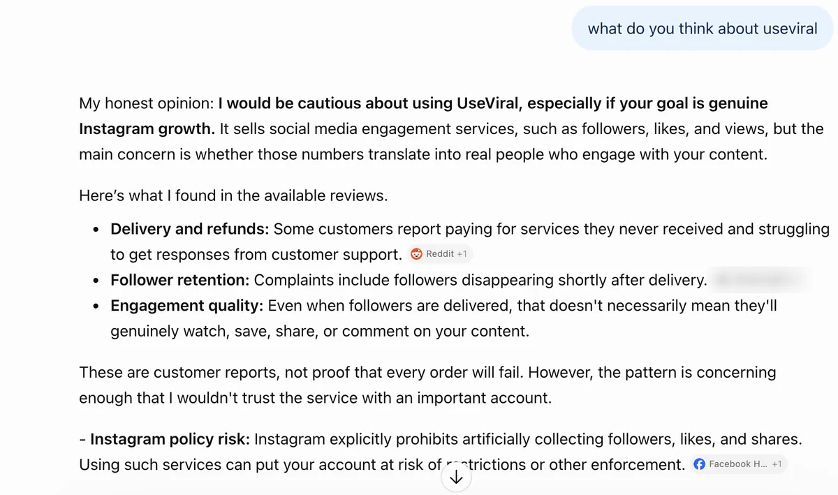 ChatGPT answer on UseViral: cautious, citing non-delivery reports, follower drops and Instagram policy risk