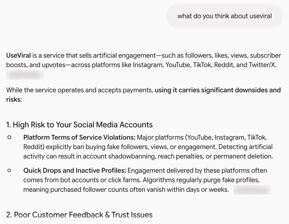 Gemini answer on UseViral: sells artificial engagement with significant downsides and account risks