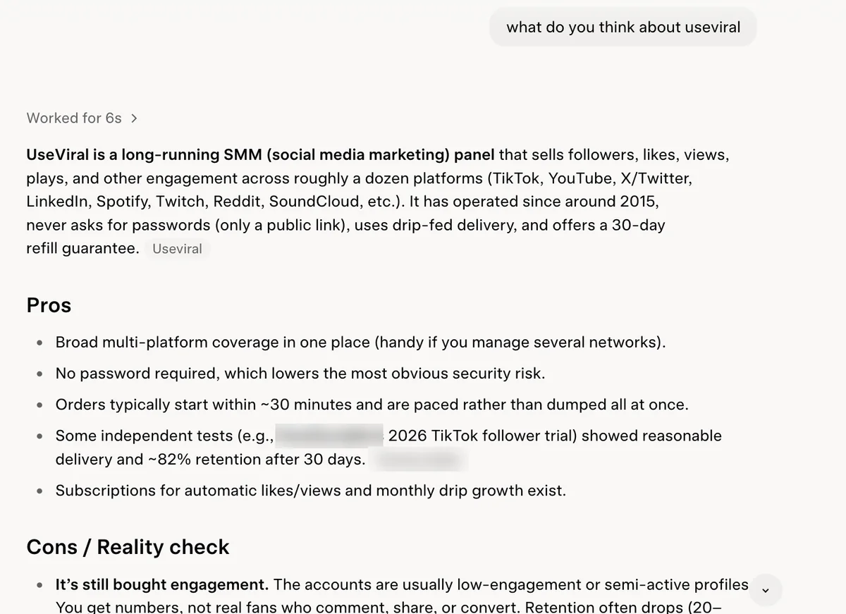 Grok answer on UseViral: an SMM panel with no password and 30-day refill, but still bought engagement
