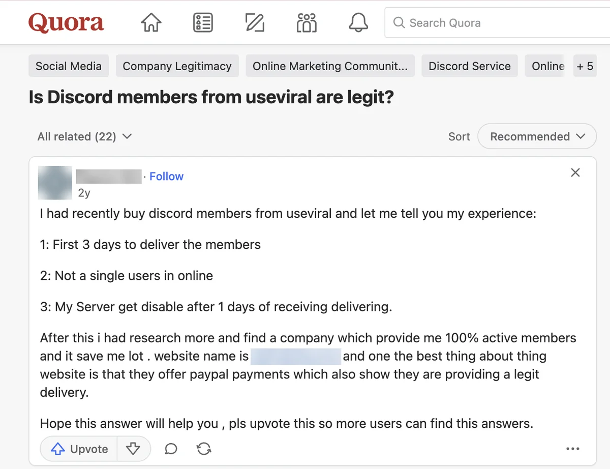 Quora answer on UseViral Discord members: slow delivery, no members online, server disabled