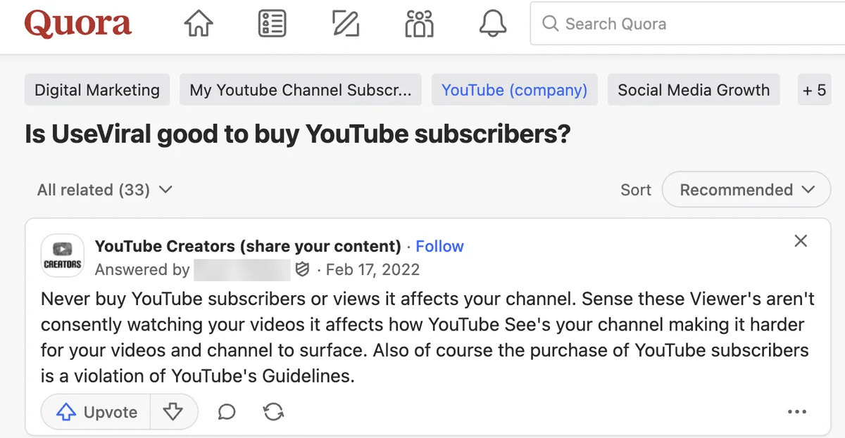 Quora answer to "Is UseViral good to buy YouTube subscribers?" saying it violates YouTube guidelines