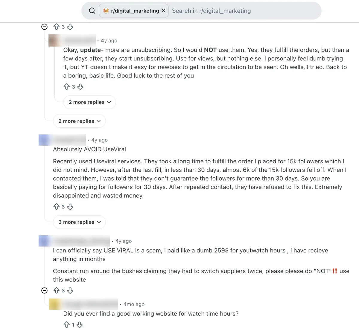 Reddit r/digital_marketing comments on UseViral: unsubscribes, 6k of 15k followers dropped, undelivered hours