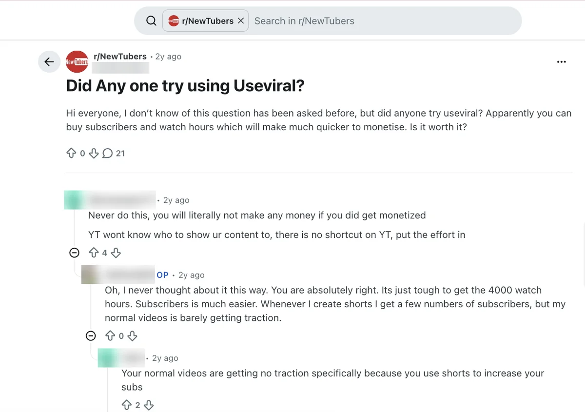 Reddit r/NewTubers post asking if anyone tried UseViral for subscribers and watch hours, with replies