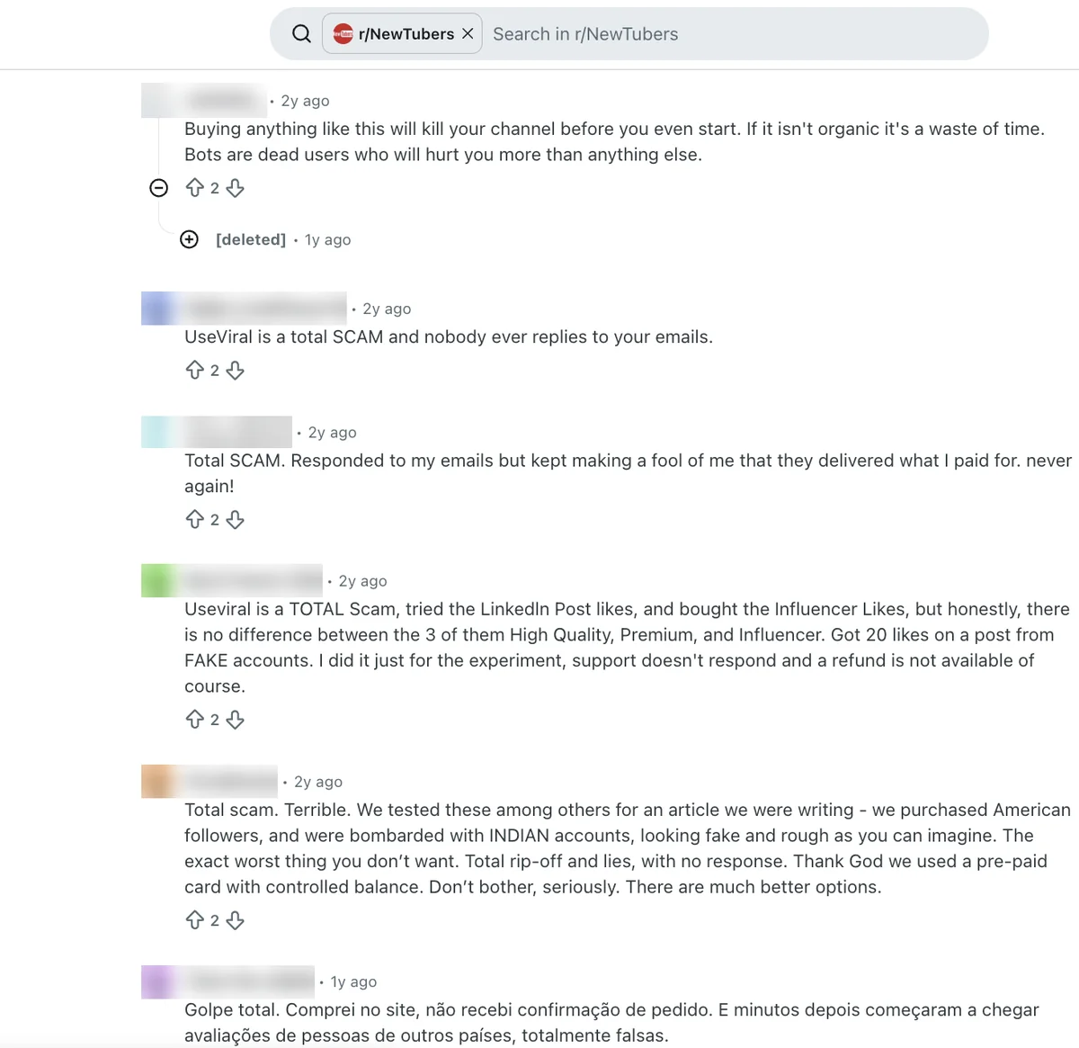 Reddit r/NewTubers replies calling UseViral a scam, citing unanswered emails and fake likes