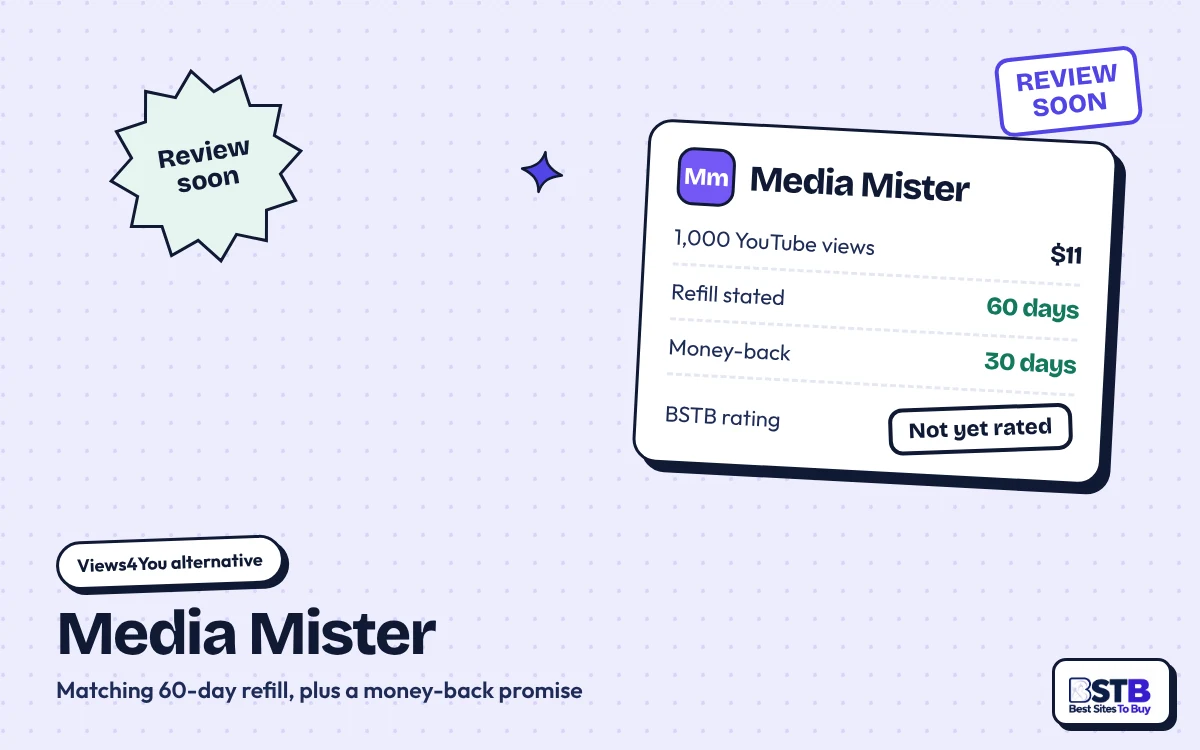 Views4You alternative Media Mister: 1,000 YouTube views for $11, 60-day refill and 30-day money-back stated