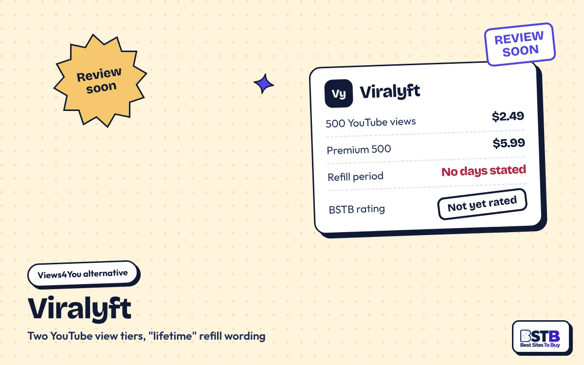 Views4You alternative Viralyft: 500 YouTube views for $2.49 or $5.99 Premium, refill period not stated in days