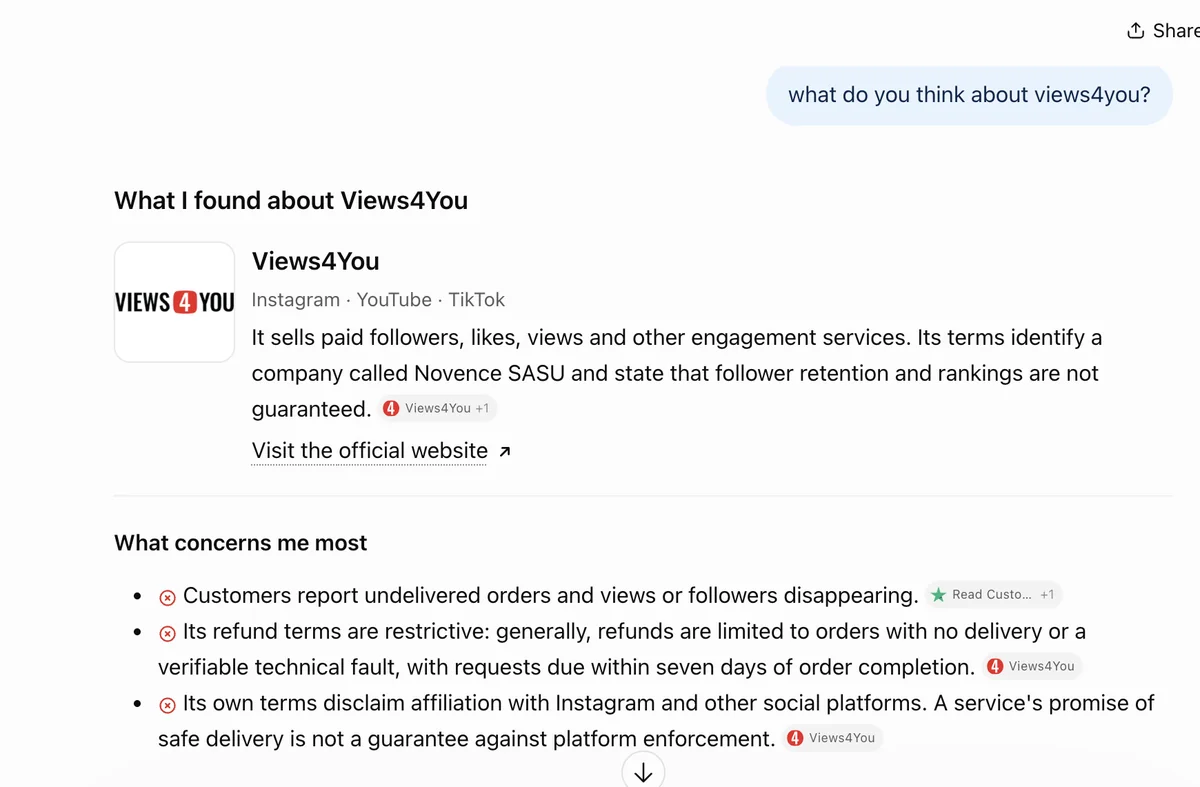 ChatGPT answer naming Novence SASU behind Views4You and flagging its restrictive 7-day refund terms