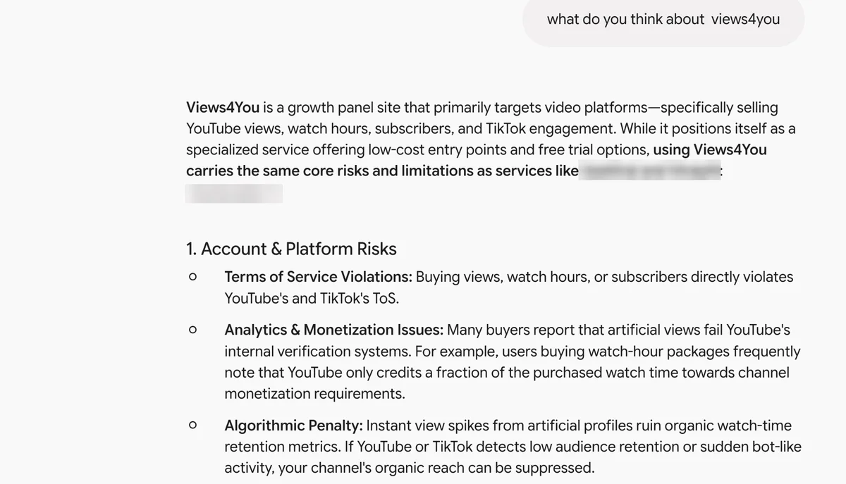 Gemini answer on Views4You: a YouTube-focused growth panel carrying terms, monetization and algorithm risks