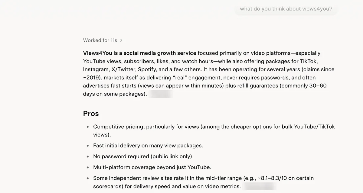 Grok answer describing Views4You as a YouTube-first growth service with cheap views and no password