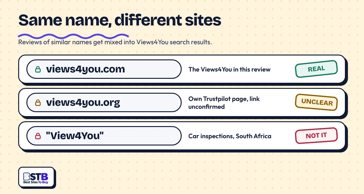 Address bars: views4you.com is the real Views4You; views4you.org and a View4You car inspection firm are not confirmed