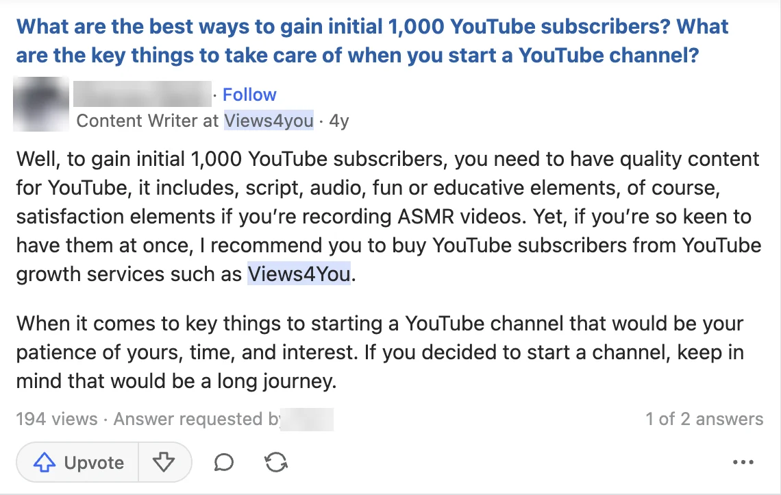 Quora answer by a Views4You content writer recommending buying YouTube subscribers from Views4You