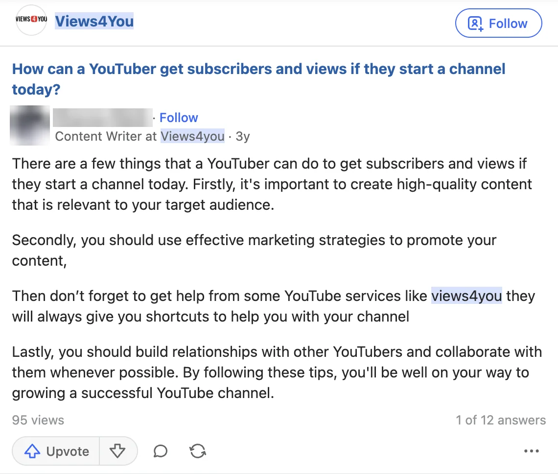 Quora answer recommending Views4You for YouTube growth, signed by a Content Writer at Views4you