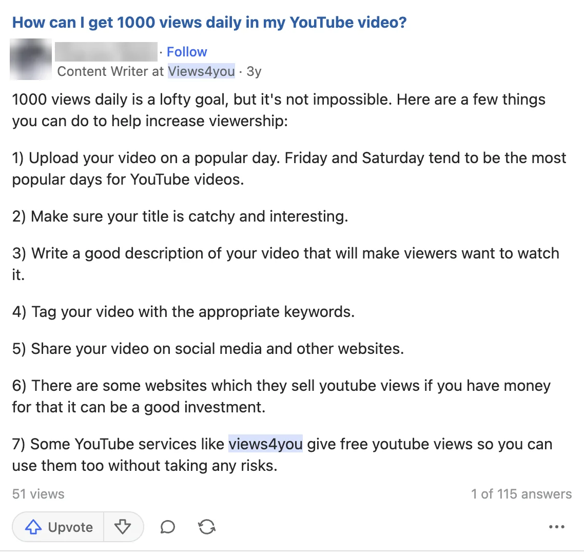Quora answer on 1,000 daily YouTube views that ends by pointing to free Views4You views