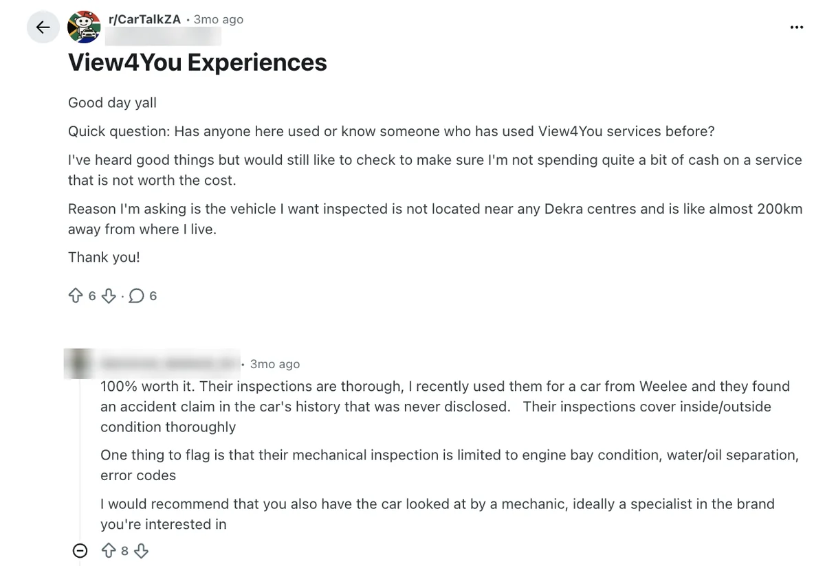 Reddit r/CarTalkZA thread about View4You car inspections, a different business from the Views4You YouTube seller