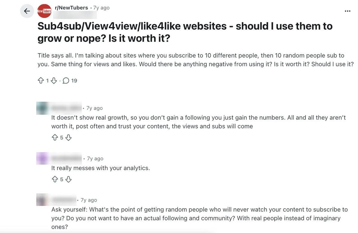 Reddit r/NewTubers thread on sub4sub and view4view sites: replies say they add numbers, not real growth