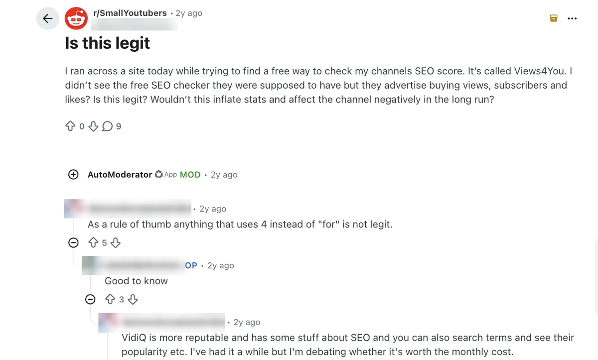 Reddit r/SmallYoutubers thread asking if Views4You is legit, with a reply saying sites using 4 for "for" are not