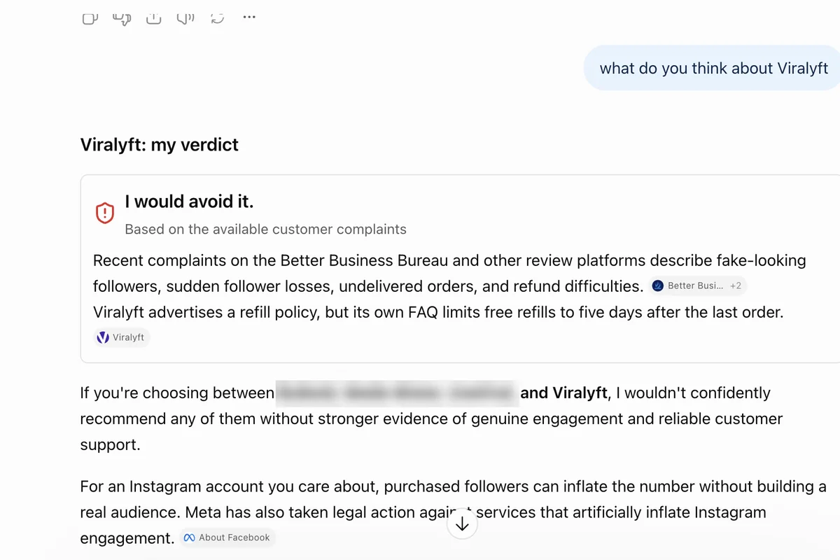 ChatGPT answer on Viralyft: I would avoid it, citing complaints and a five-day refill limit in its FAQ