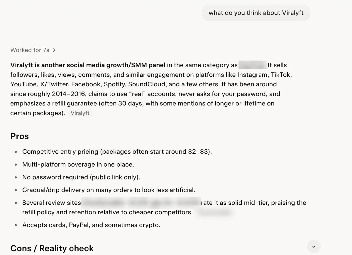 Grok answer calling Viralyft an SMM panel and listing no password and many platforms as pros