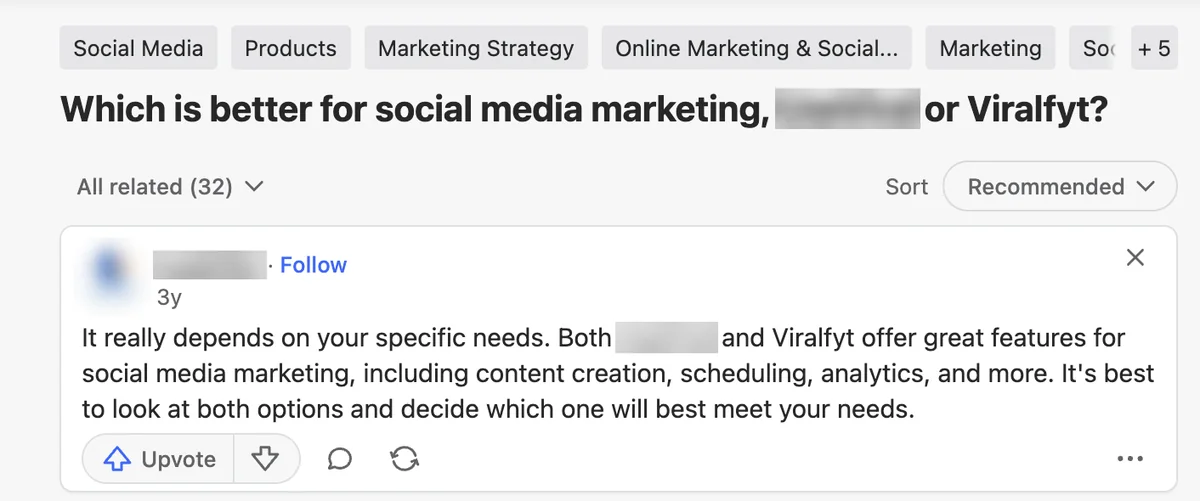 Quora question comparing Viralyft, spelled Viralfyt, with another seller, with a vague company answer