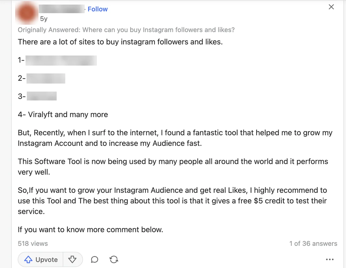 Quora answer listing Viralyft among sites to buy Instagram followers, then promoting an unnamed tool