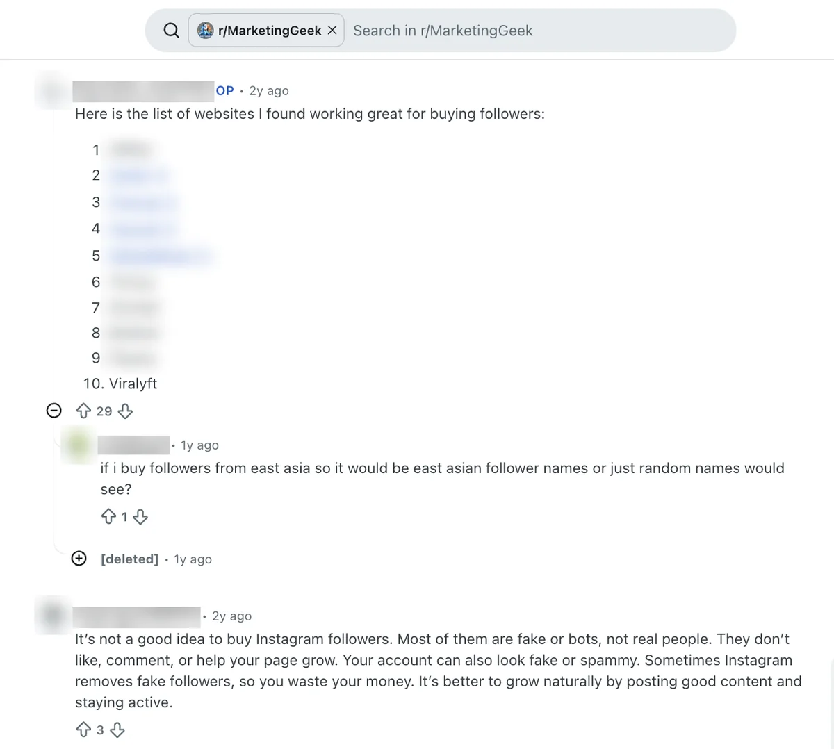 Reddit comment listing ten sites to buy followers with Viralyft tenth, other sellers blurred