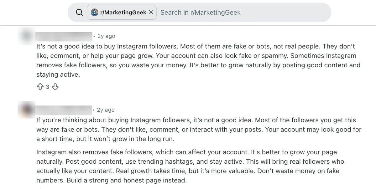 Reddit replies saying bought Instagram followers are fake or bots and that Instagram removes them