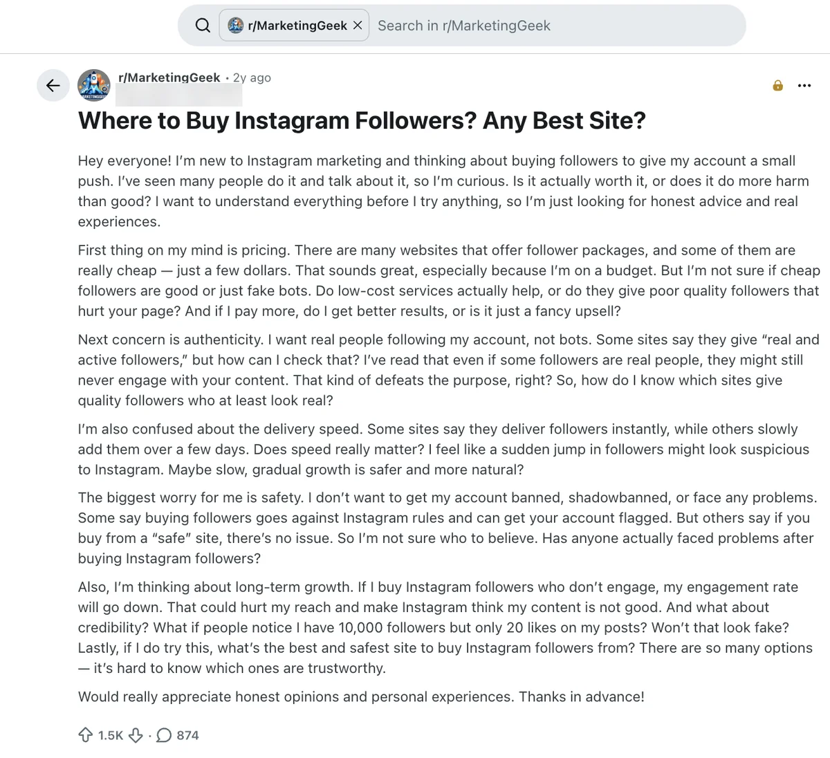 Reddit post in r/MarketingGeek asking where to buy Instagram followers and whether it is safe, before Viralyft is named